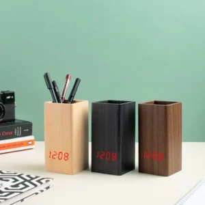 Wooden LED Clock Pen Stand – Time, Style & Organization in One
