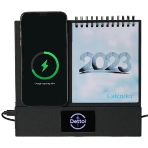 Calendar with wireless charging and LED logo